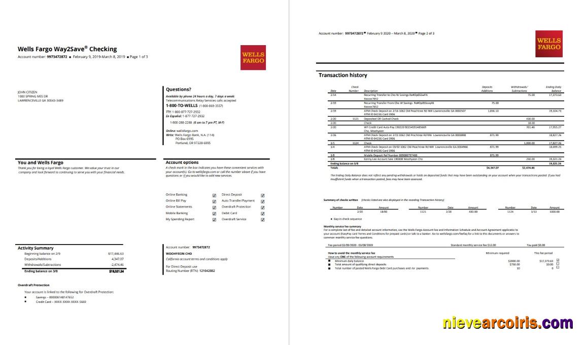 USA Wells Fargo bank statement 3 pages